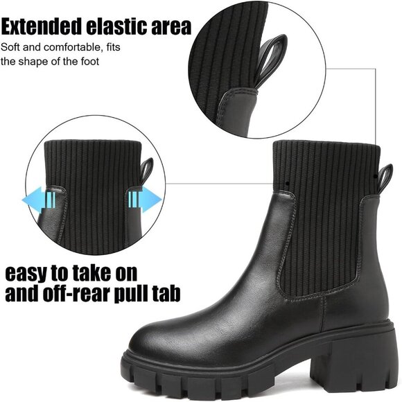 BKWHDAY Women's Black Chelsea Platform Ankle Boots Fashion Chunky Heel - Picture 4 of 7